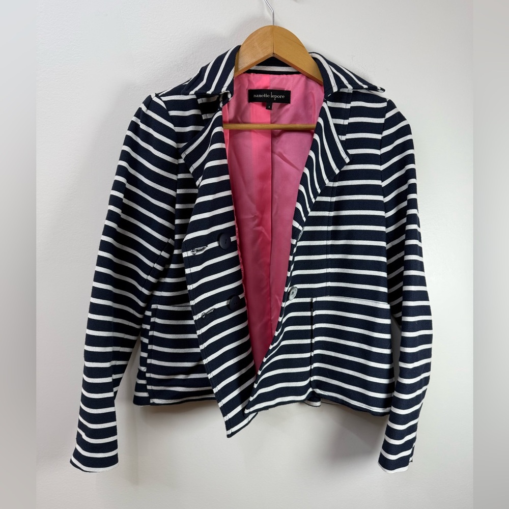 NANETTE LEPORE Navy Striped Women's Jacket / Blazer Women’s size 4 - Picture 3 of 9